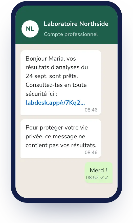 Lab Desk: Des notifications de résultats sur WhatsApp, depuis le numéro de votre laboratoire.