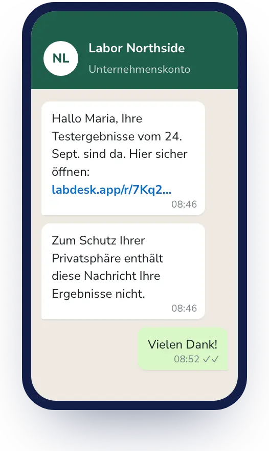 Lab Desk: Ergebnishinweise per WhatsApp, von der Nummer Ihres Labors.