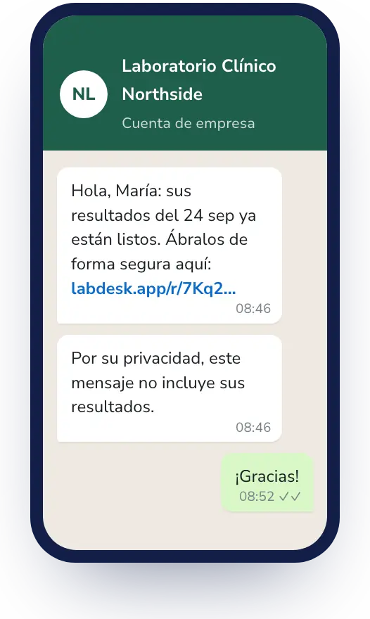 Lab Desk: Avisos de resultados por WhatsApp, desde el número de su laboratorio.