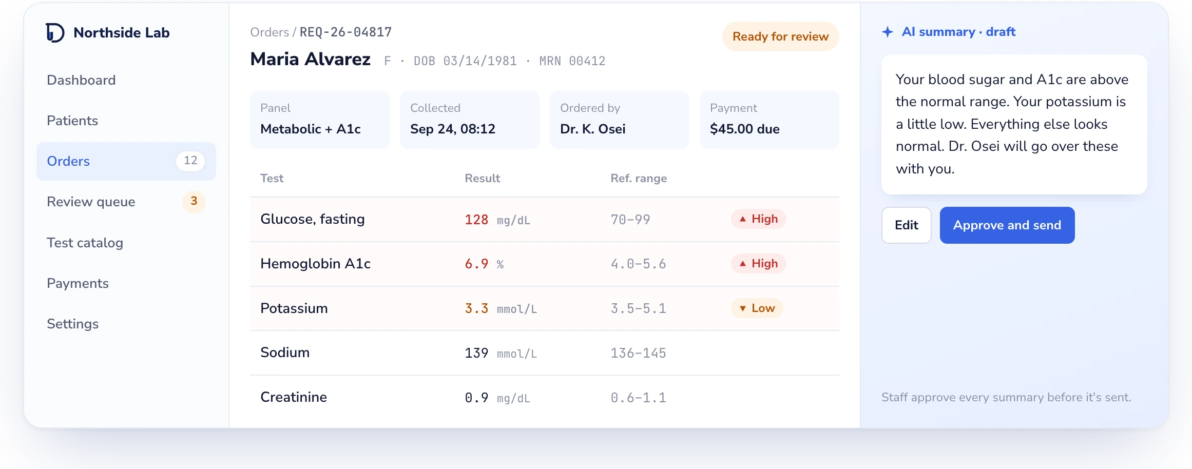 Lab Desk results screen showing an order with two high values, one low value and a draft patient summary